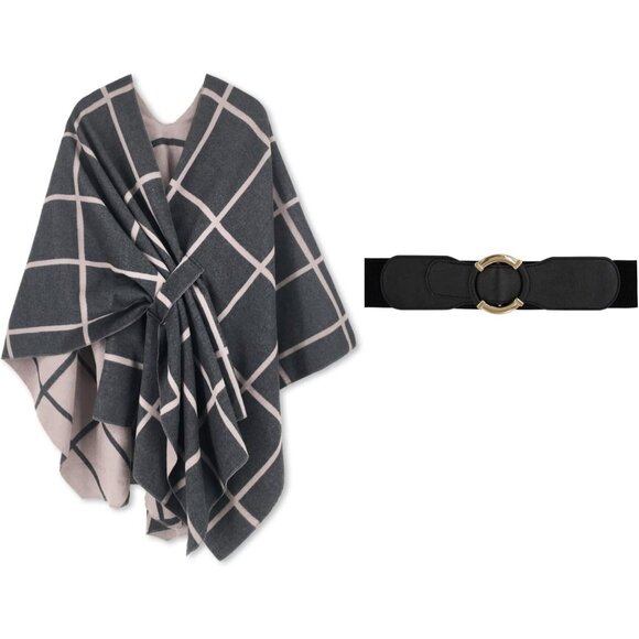 Women Shawl Wrap Poncho Ruana Cape Open Front Cardigan with Belt Gray Khaki - Picture 2 of 5